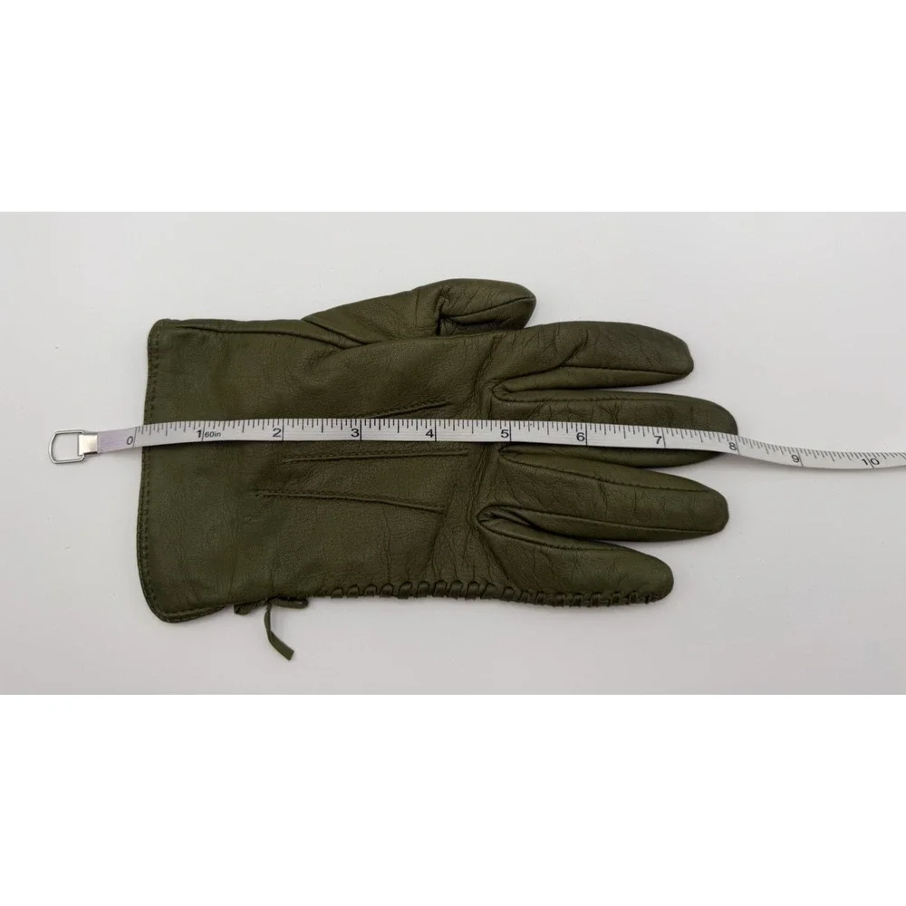 Olive Green Leather Gloves Side Stitching Detail Size Medium